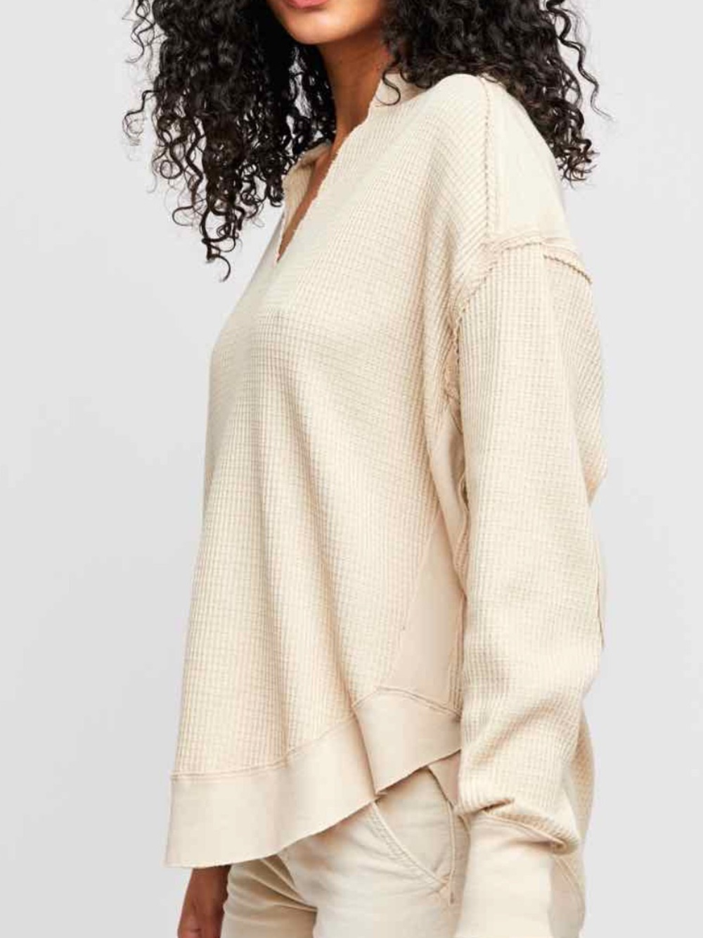 Free People We The Free Owen Thermal Knit Top Large Oversized Waffle Saw Hem - Picture 3 of 8